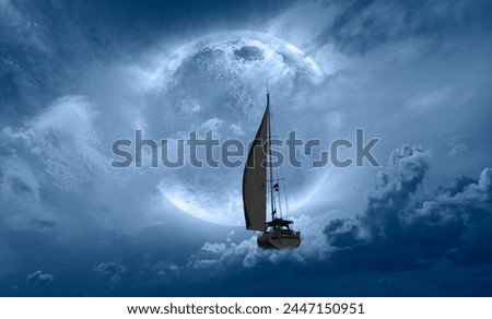 A yacht sailing above the clouds with a super full moon in the background "Elements of this image furnished by NASA "