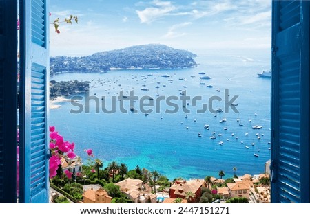 landscape of riviera coast and turquiose water of Mediterranean sea, cote dAzur at sunny summer day, French RIviera, France, retro toned Royalty-Free Stock Photo #2447151271