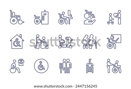 Disability line icon set. Editable stroke. Vector illustration. Containing disabled, carer, wheelchair, disabled people, disabled sign, disabled person, care, teacher, worker, helper, rehabilitation.