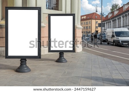 Mockup Of Two Wooden Billboards On The Pavement. Advertising Blank Displays Next To Church