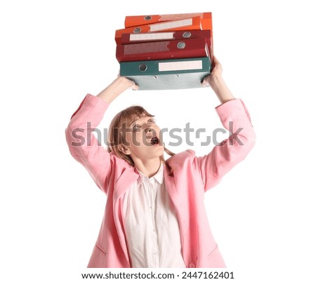 Funny shocked businesswoman with folders isolated on white background