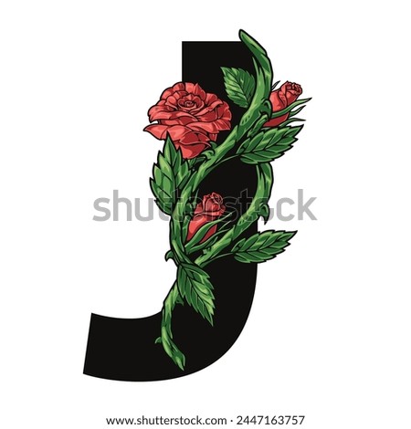 Floral letter J element colorful with beauty rose entwining latin alphabet symbol for floristry magazine design vector illustration Royalty-Free Stock Photo #2447163757