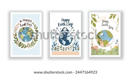 Hand-Drawn, Minimalist Vector Illustration Postcards, Happy Earth Day Celebration, Set 3