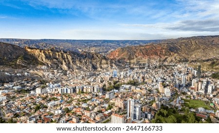 La Paz, Bolivia, aerial view flying over the dense, urban cityscape. San Miguel, southern distric. South America Royalty-Free Stock Photo #2447166733
