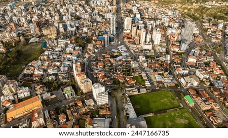 La Paz, Bolivia, aerial view flying over the dense, urban cityscape. San Miguel, southern distric. South America Royalty-Free Stock Photo #2447166735