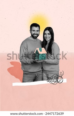 Collage artwork image of smiling young people hands hold miniature house isolated on drawing background