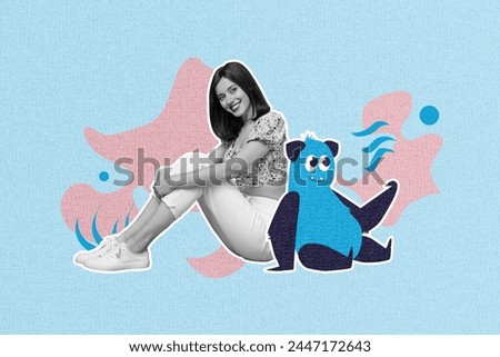 Composite photo collage of happy charming woman sit hug knees relax toy friend near leisure time rest isolated on painted background