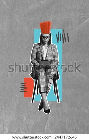 Vertical image collage of serious businesswoman instead brain spaghetti overworked hold ipad browsing isolated on painted background