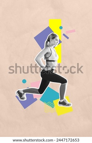 Vertical photo collage of young girl do sport squat stretch warm up marathon personal coach pilates aerobics isolated on painted background