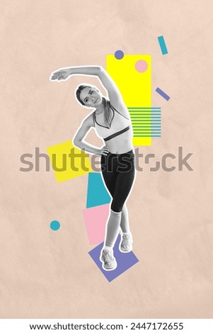Vertical photo collage of young girl do sport incline warm up marathon personal coach pilates aerobics isolated on painted background