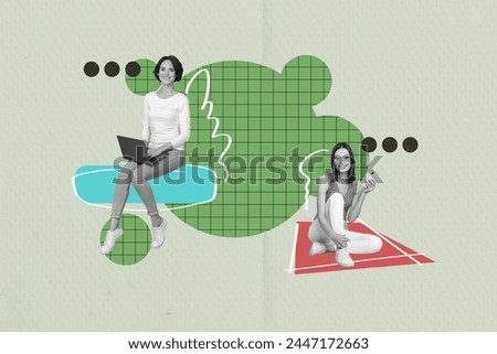 Composite trend artwork sketch image photo collage of two young colleague women coworking remote office manager use laptop relax break