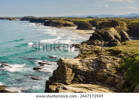 Cantabric coast landscape in northern Spain. Cliff formations on Cathedral Beach, Galicia Spain. Playa de las Catedrales, As Catedrais in Ribadeo, province of Lugo. Tourist attraction. Royalty-Free Stock Photo #2447173949