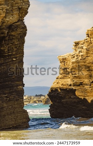 Cantabric coast landscape in northern Spain. Cliff formations on Cathedral Beach, Galicia Spain. Playa de las Catedrales, As Catedrais in Ribadeo, province of Lugo. Tourist attraction. Royalty-Free Stock Photo #2447173959