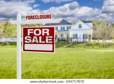 Foreclosure Home For Sale Real Estate Sign in Front of Beautiful Majestic House.