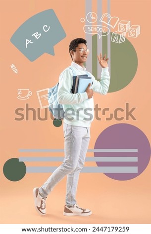 Going African-American student with books on beige background