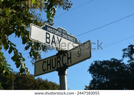 Beaufort South Carolina USA-October 15, 2023. Street signs in the historic district, Bay Street and Church Street.
