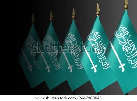 Row of Saudi Arabian flags on a dark background in perspective Royalty-Free Stock Photo #2447183843