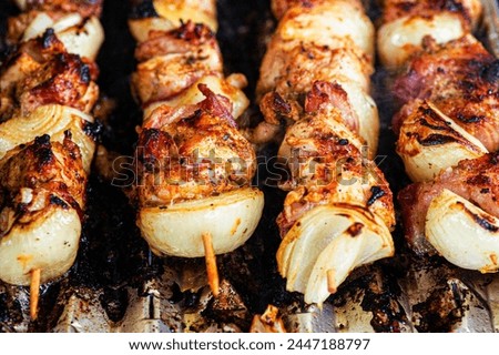 grilled meat and onion kebabs in the garden close up