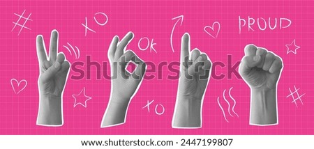 Collage design elements set in trendy y2k dotted style. Retro halftone effect. Hands different poses. Vector illustration with hand drawn elements