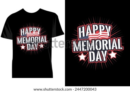 T-shirt with a graphic design celebrating Memorial Day showcases a bold American flag motif with fireworks in the background, accompanied by the greeting Happy Memorial Day in stylized fonts.