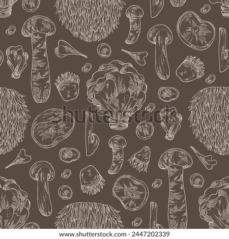 Seamless pattern with mushroom:  thelephora ganbajun, tricholoma matsutake, hericium erinaceus and auricularia polytricha. Vector hand drawn illustration Royalty-Free Stock Photo #2447202339