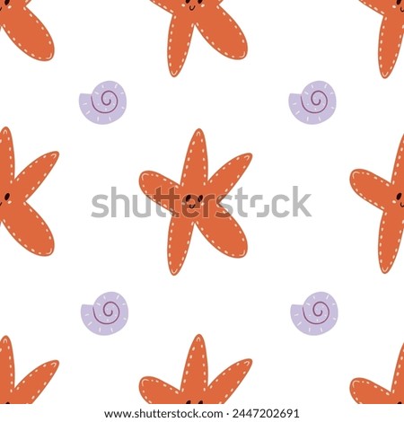 Cute cartoon sea star fish and shells seamless pattern. Deep sea ocean repeating background. Summer funny print. Flat vector illustration Royalty-Free Stock Photo #2447202691