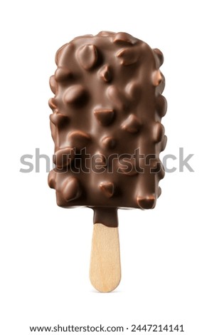 Chocolate coated ice cream popsicle with peanuts nuts on a stick isolated on a white background.