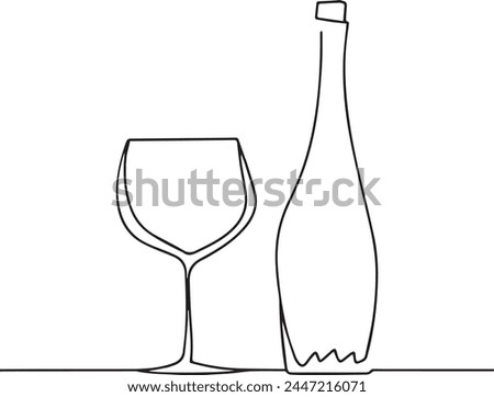 Continuous one line drawing of Wine glass and bottle. Drink in cup in linear style. Black and white vector illustration for restaurant and bar menu stock illustration. Premium vector