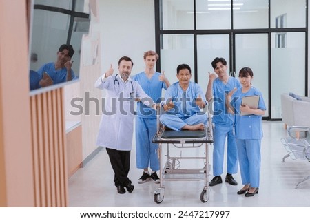 Patient elderly sleep on stretcher  meet and talking with nurse or staff at front counter in of the hospital, healthcare reception service treatment process concept