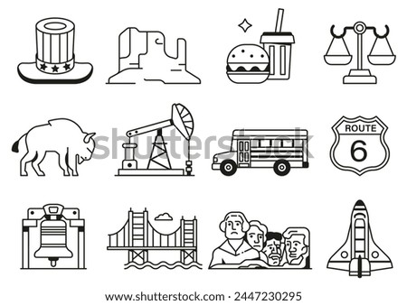 USA icons collection with popular landmarks and symbols. United States icon set of american cultural elements such as architectural monuments, tourist attractions, natural wonders and sports. Royalty-Free Stock Photo #2447230295