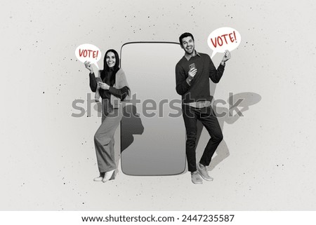 Creative collage picture standing two young people encourage vote smartphone online digital device proclaim rights policy make choice