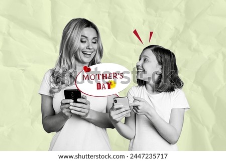 Creative drawing collage picture of mom daughter browsing hold device mother day love celebration concept billboard comics zine minimal