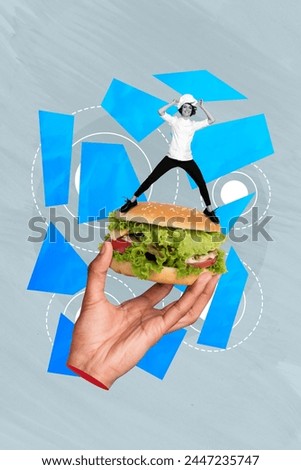 Collage artwork graphics picture of funny chef cooking big huge hamburger isolated painting background