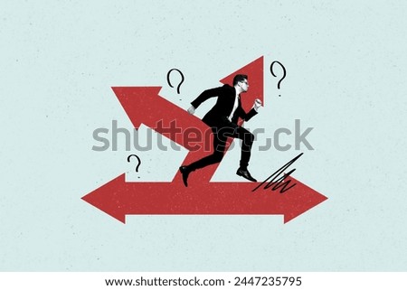 Composite collage picture of elegant mini black white colors guy run arrow pointers isolated on creative background