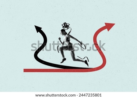 Composite collage picture of black white effect girl running arrow pointers direction isolated on creative background