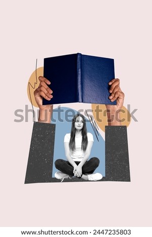 Composite vertical collage picture of arms hold opened book mini black white effect girl think isolated on creative background