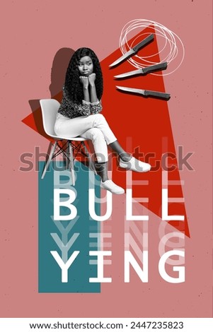Vertical photo collage of scared american girl sit chair threat knife bullying shame abuse offense victim isolated on painted background