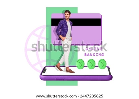 Composite photo collage of happy wealth man online banking iphone screen credit card bank coin globe net isolated on painted background