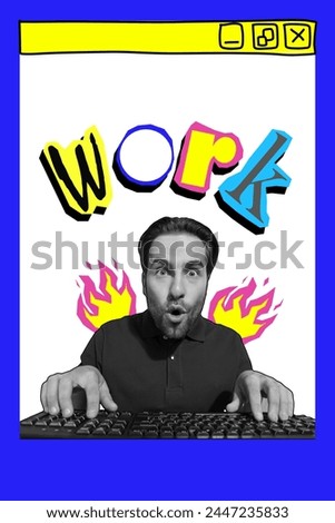 Vertical composite collage picture of impressed black white colors guy typing work keyboard isolated on creative background