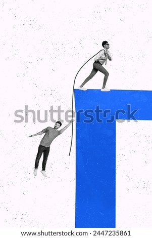 Vertical creative abstract photo collage strong athletic woman holding man lover friend on rope unilateral initiative domination