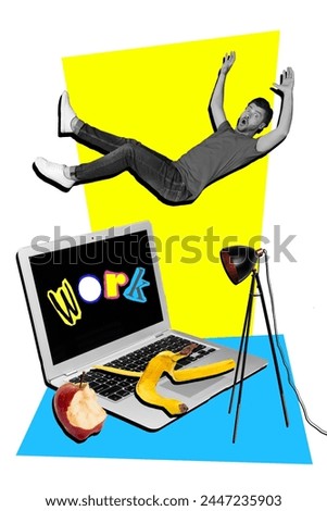 Vertical composite collage picture of mini black white colors guy fall big work laptop bitten apple banana peel isolated on creative background