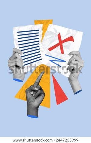 Vertical photo collage picture human hands holding document paperwork pointing finger 3d concept psychedelic drawing background