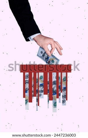 Vertical creative photo collage human businessman hand put banknote hundred dollars cash mosaic money finance rich entrepreneur