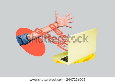Creative collage picture human hand catch hold chain computer laptop internet addiction surreal help rescue drawing background