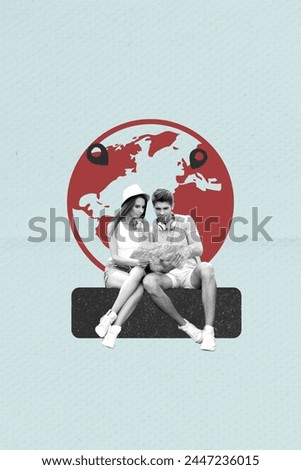 Composite vertical collage picture of two black white effect partners hold map guide world globe isolated on creative blue paper background