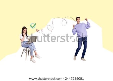 Composite trend artwork sketch image 3D photo collage of young couple friends man say yes fist up lady sit in armchair hold laptop work