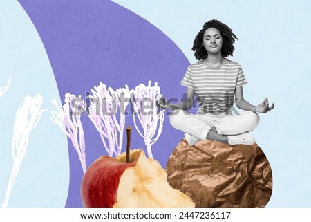 Composite collage picture of mini black white colors girl meditate big bitten apple isolated on creative background