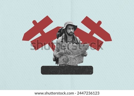 Composite collage picture of black white effect guy hiking hold navigation map guide road sign pointer isolated on creative background