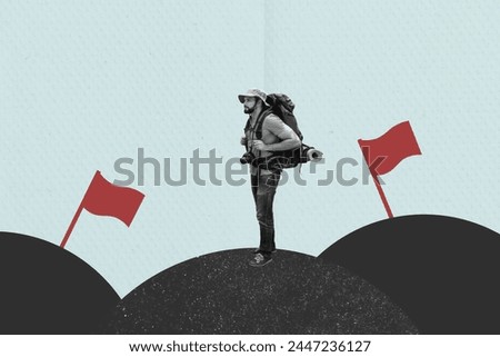 Composite collage picture of black white effect guy hiking destination flag isolated on creative blue paper background