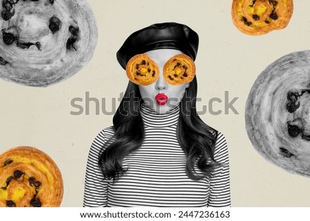 Composite photo collage of funny girl red lipstick duck face wear beret buns instead eyes carbs puff bakery isolated on painted background